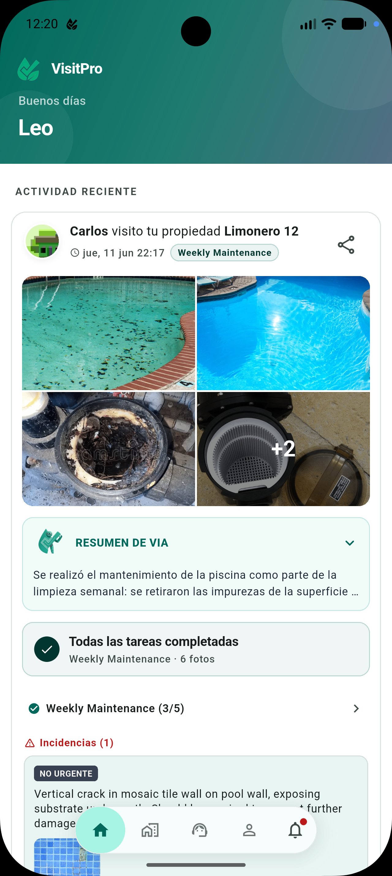 Leo Pools client app feed showing a recent pool maintenance visit with photos